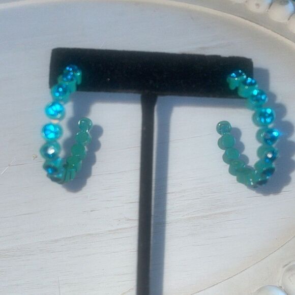 Teal Colored Rhinestone Hoop Earrings - Picture 10 of 11